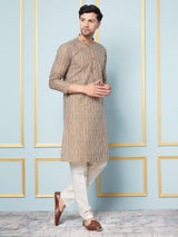 Men Coffee Brown And White Strip Printed Kurta