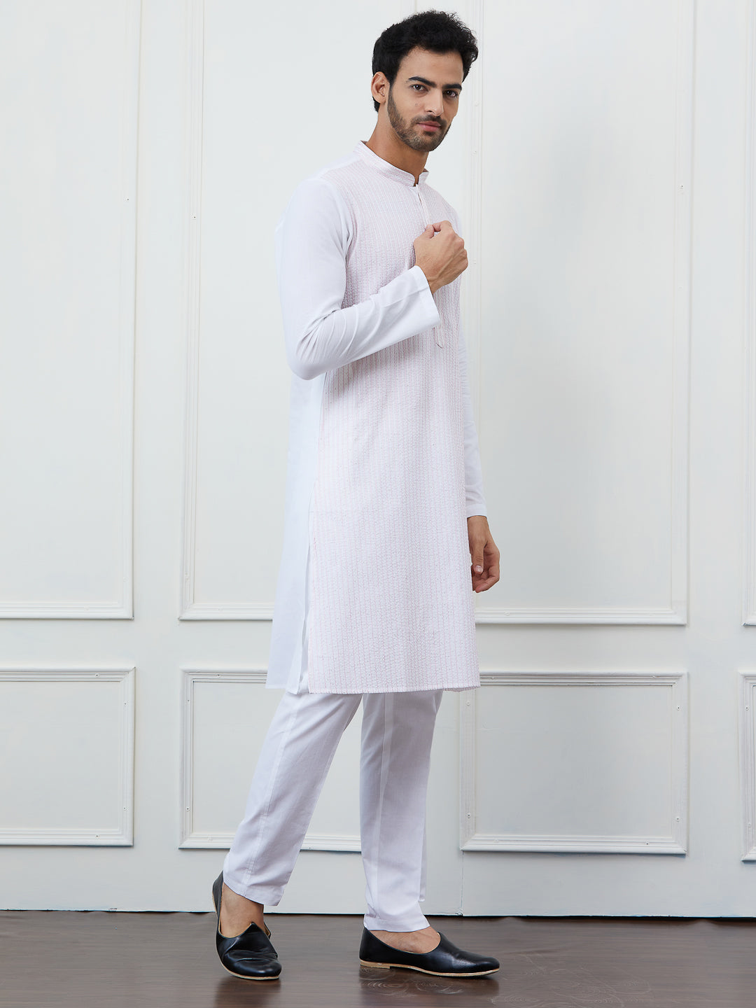 Men White Cotton Pink Thread Work & Sequince Kurta