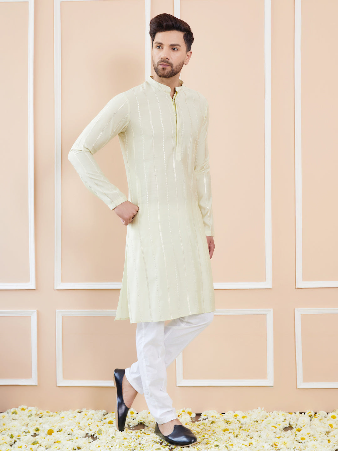 Men Ivory Glimmer Chanderi Silk Sequins Kurta