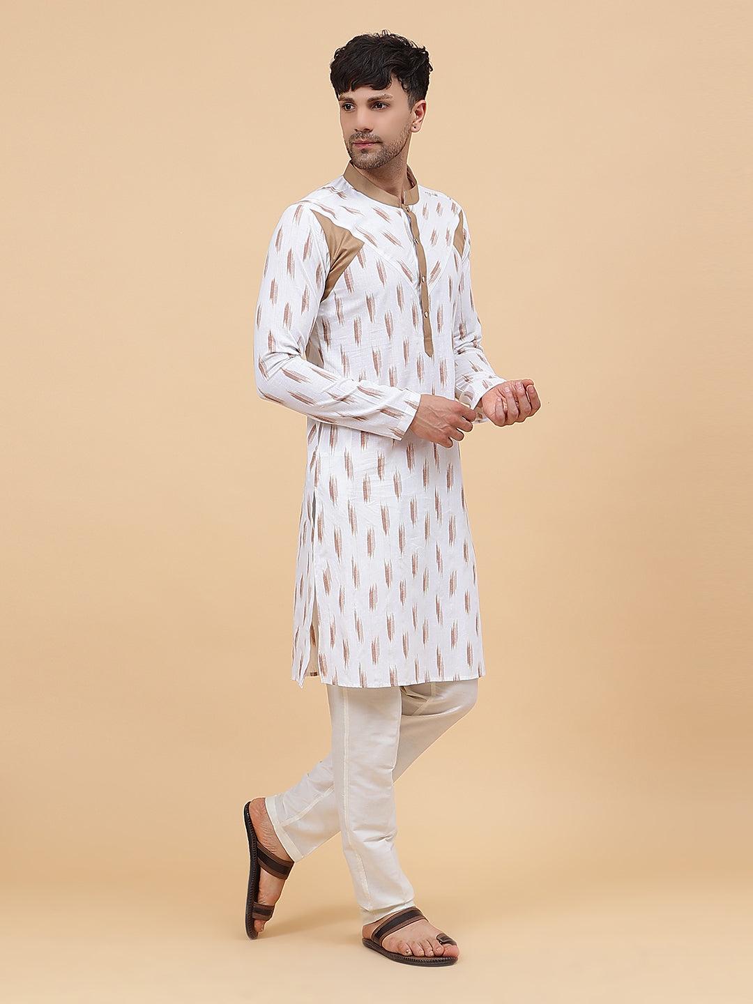Men White And Brown Printed Kurta