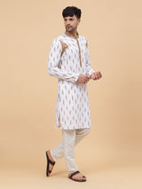 Men White And Brown Printed Kurta