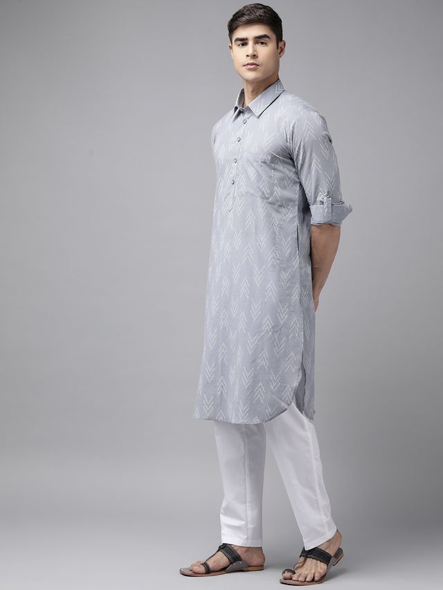 Men Light Grey Regular Pure Cotton Pathani Printed Men's Kurta With White Salwar