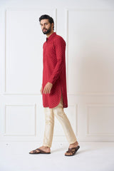 Men Maroon Regular Pure Cotton Pathani Kurta With Gold Pyjama