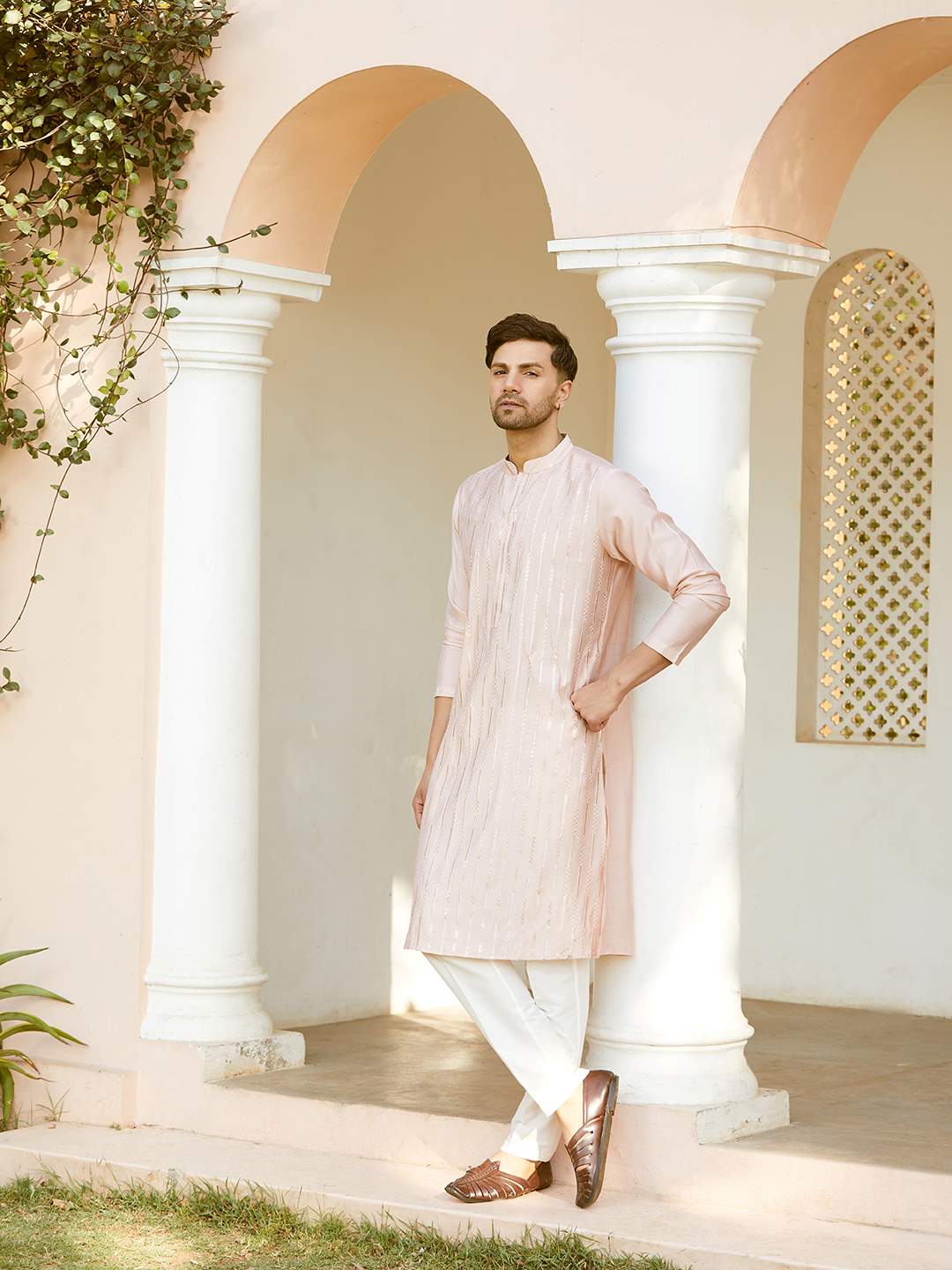 Men Pink And Gold Chanderi Silk Sequins Kurta With Pajama