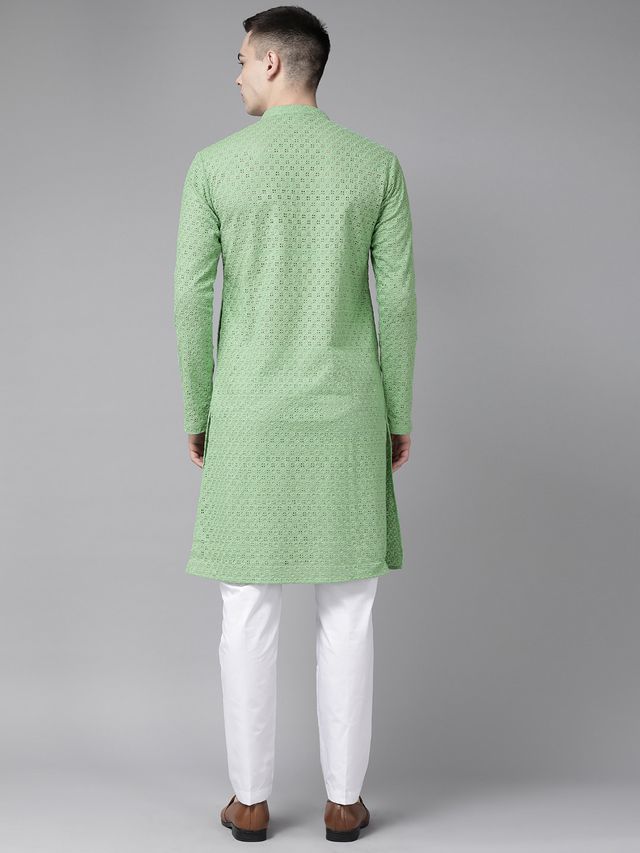 Men Green Pure Cotton Chikankari Embroidered Straight Kurta With Pyjama