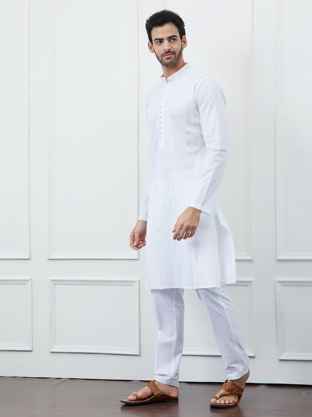 Men White Cotton Silver Thread Work & Sequince Kurta
