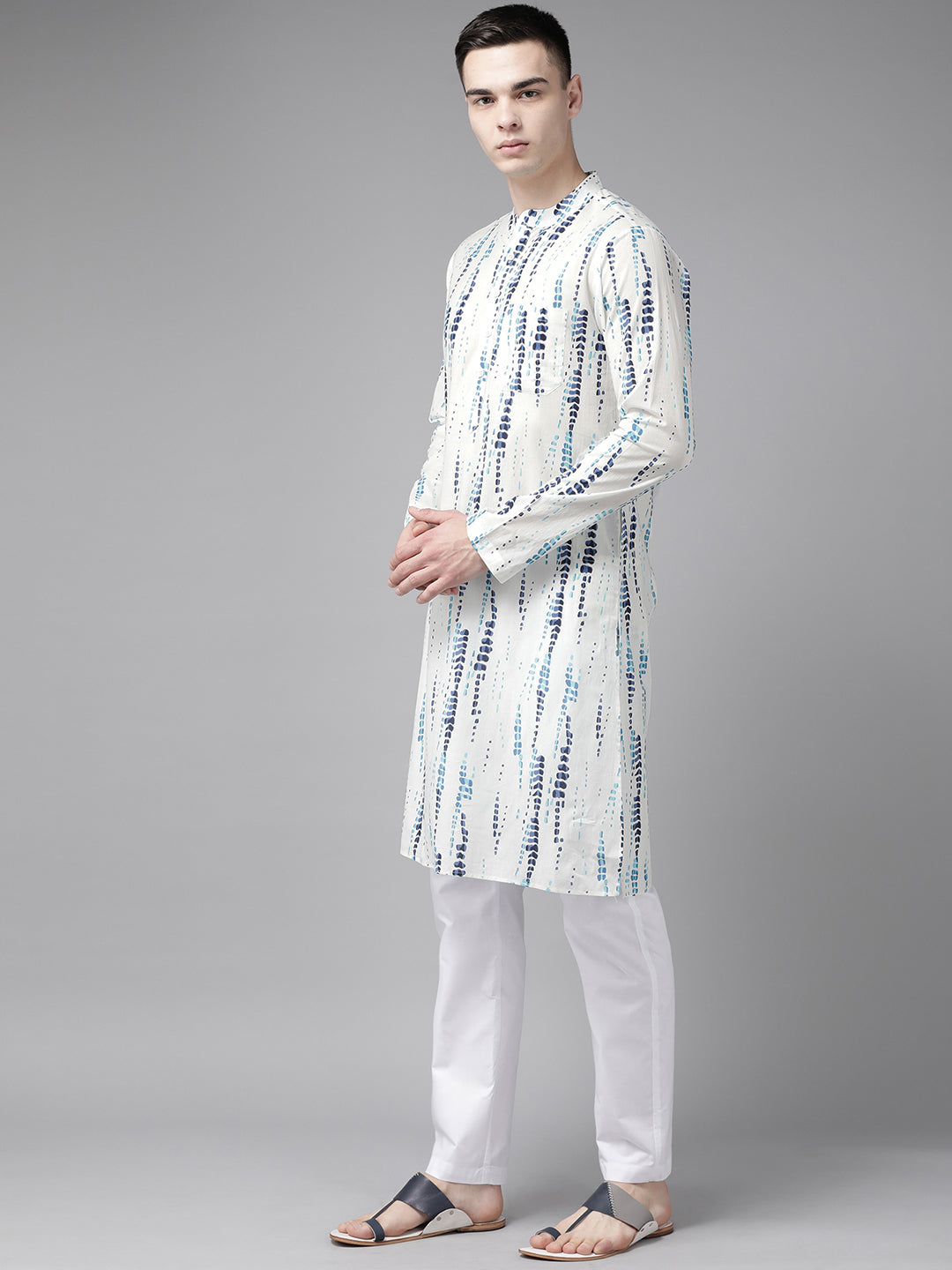 Men White Multi Tie and dye Print Design Straight Kurta