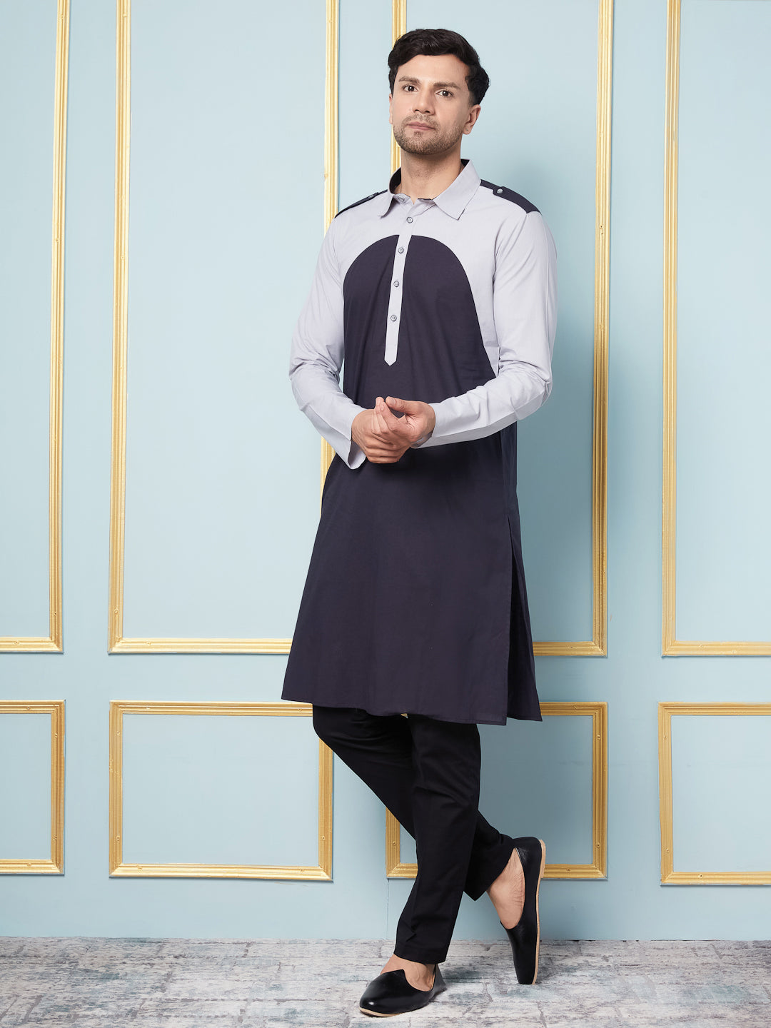Men Navy Blue And Silver Solid Kurta
