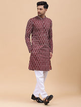 Men Maroon & White Pure Cotton Printed Straight Kurta With pyjama