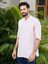 Peach Woven Striped Cotton Short Kurta