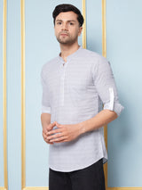 Men Grey & White Printed Cotton Short Kurta