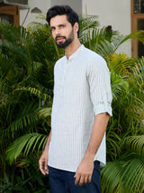 Green Woven Striped Cotton Short Kurta