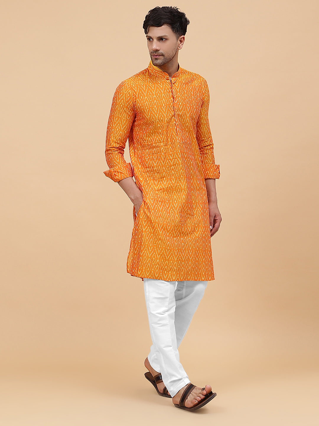 Men Orange And White Printed Kurta