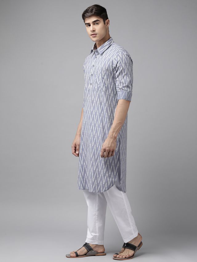 Men Light Grey Regular Pure Cotton Pathani Printed Men's Kurta With White Salwar