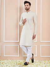 Men Cream Cotton Solid Straight Kurta