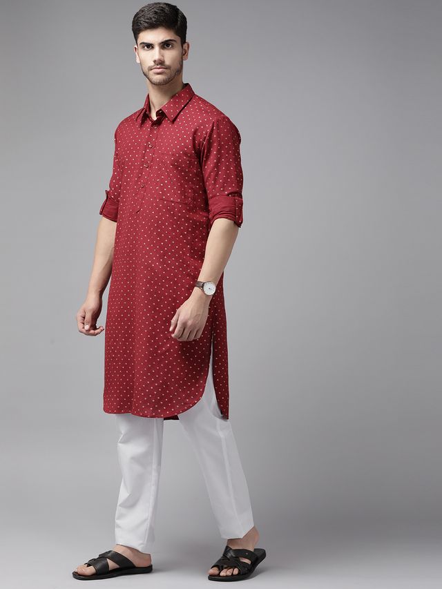 Men Maroon Regular Pure Cotton Pathani Printed Men's Kurta With White Salwar