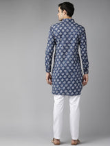 Men Indigo Regular Pure Cotton Pathani Printed Men's Kurta