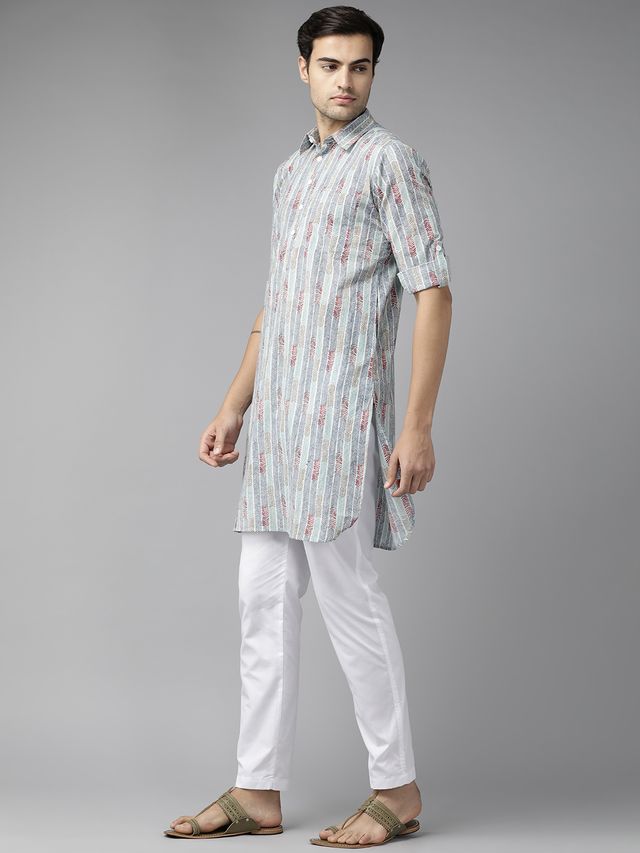 Men Multicolored Regular Pure Cotton Pathani Printed Men's Kurta With White Salwar
