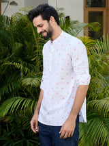 White Woven Cotton Short Kurta
