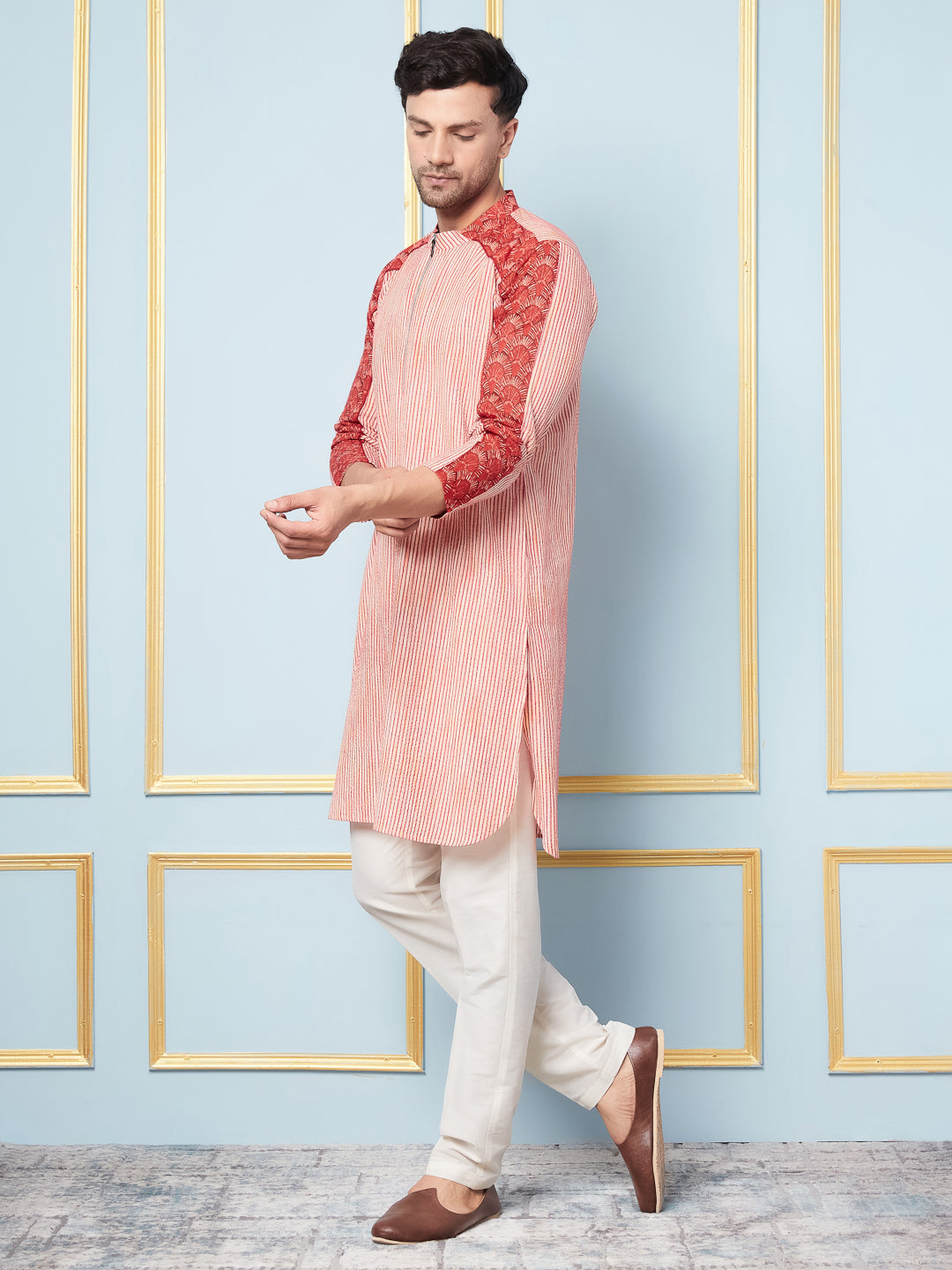Men Pink And Maroon Thread Work Kurta