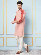 Men Pink And Maroon Thread Work Kurta