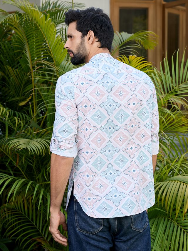 Peach-Green Geometric Printed Rayon Short Kurta