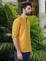 Men Pack Of 2 Mustard & Turquoise Blue Cotton Solid Short Kurta