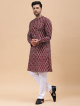 Men Maroon & White Pure Cotton Printed Straight Kurta With pyjama