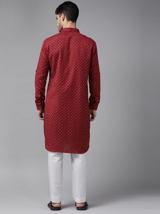 Men Maroon Regular Pure Cotton Pathani Printed Men's Kurta With White Salwar