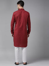 Men Maroon Regular Pure Cotton Pathani Printed Men's Kurta With White Salwar