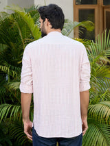 Peach Woven Striped Cotton Short Kurta