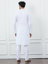 Men White Cotton Blue Thread Work & Sequince Kurta