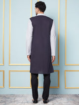 Men Navy Blue And Silver Solid Kurta