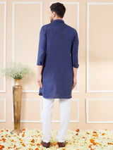 Men Navy Blue Cotton Solid Pathani Kurta