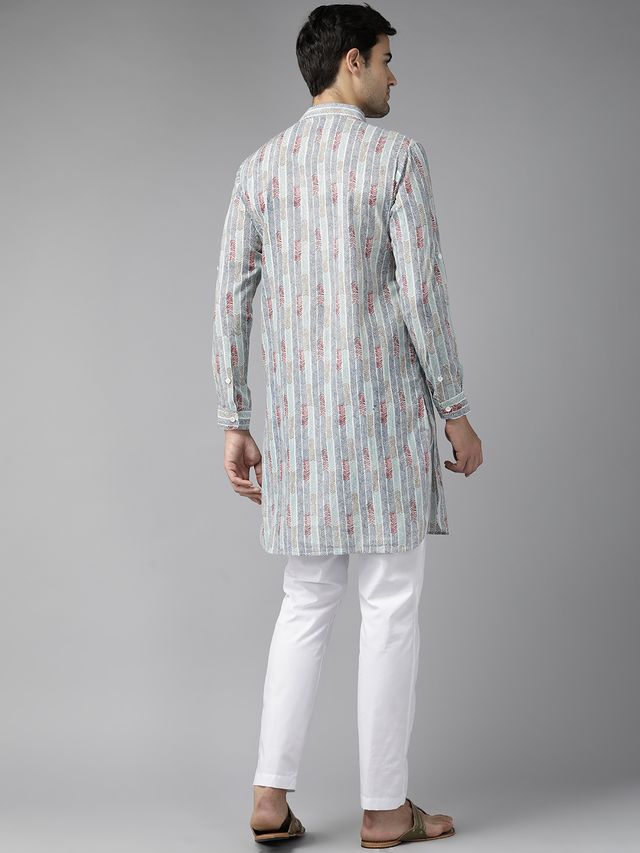 Men Multicolored Regular Pure Cotton Pathani Printed Men's Kurta With White Salwar
