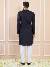 Black Sequins and Thread Worked Cotton Straight Kurta
