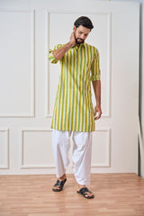 Men Lime Green Regular Pure Cotton Pathani Kurta With White Salwar