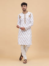 Men White And Brown Printed Kurta