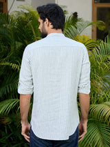 Green Woven Striped Cotton Short Kurta