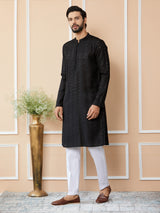 Black Embroidered Thread Work Sequin Chanderi Silk Straight Kurta