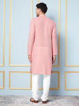 Men Coral And Pink Weaving Design Kurta
