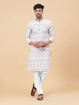 Men White And Coffee Ikat Printed Kurta