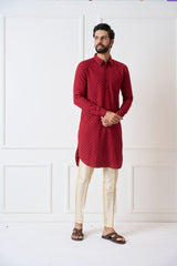 Men Maroon Regular Pure Cotton Pathani Kurta With Gold Pyjama