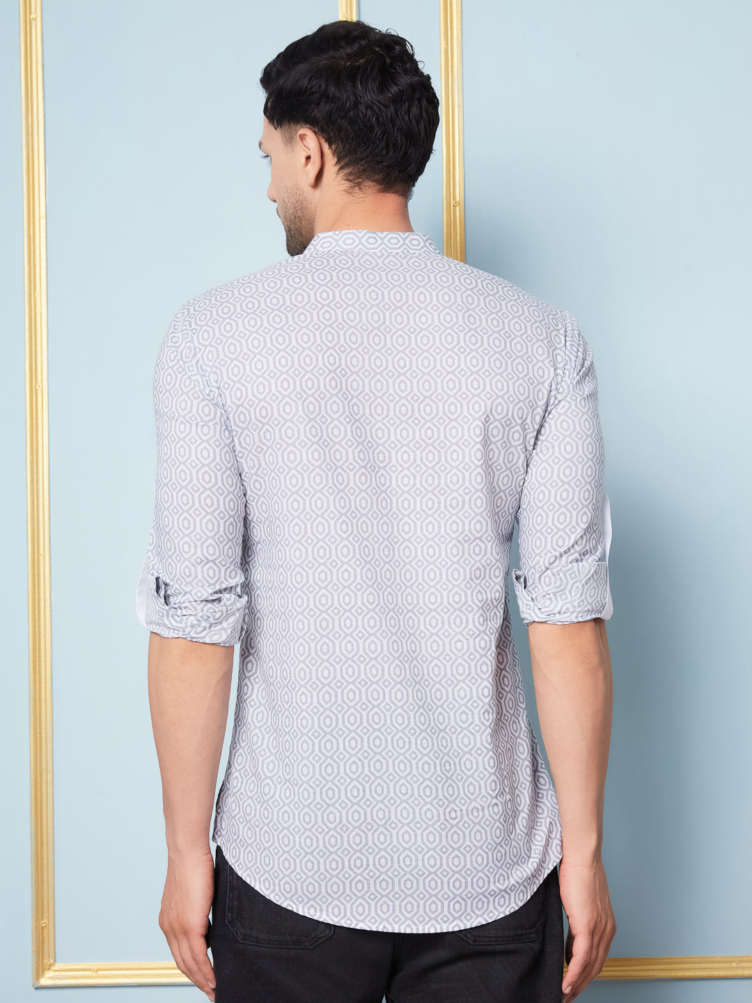Men Grey & White Printed Cotton Short Kurta