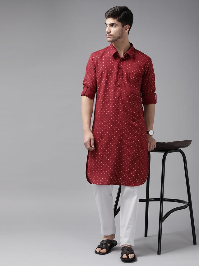 Men Maroon Regular Pure Cotton Pathani Printed Men's Kurta With White Salwar