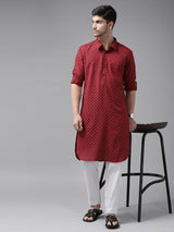 Men Maroon Regular Pure Cotton Pathani Printed Men's Kurta With White Salwar