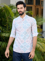 Peach-Green Geometric Printed Rayon Short Kurta