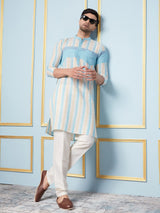 Men Off White And Turquoise Weaving Design Kurta