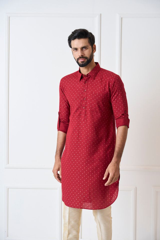 Men Maroon Regular Pure Cotton Pathani Kurta With Gold Pyjama