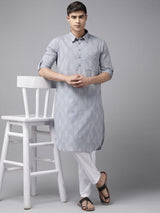 Men Light Grey Regular Pure Cotton Pathani Printed Men's Kurta With White Salwar